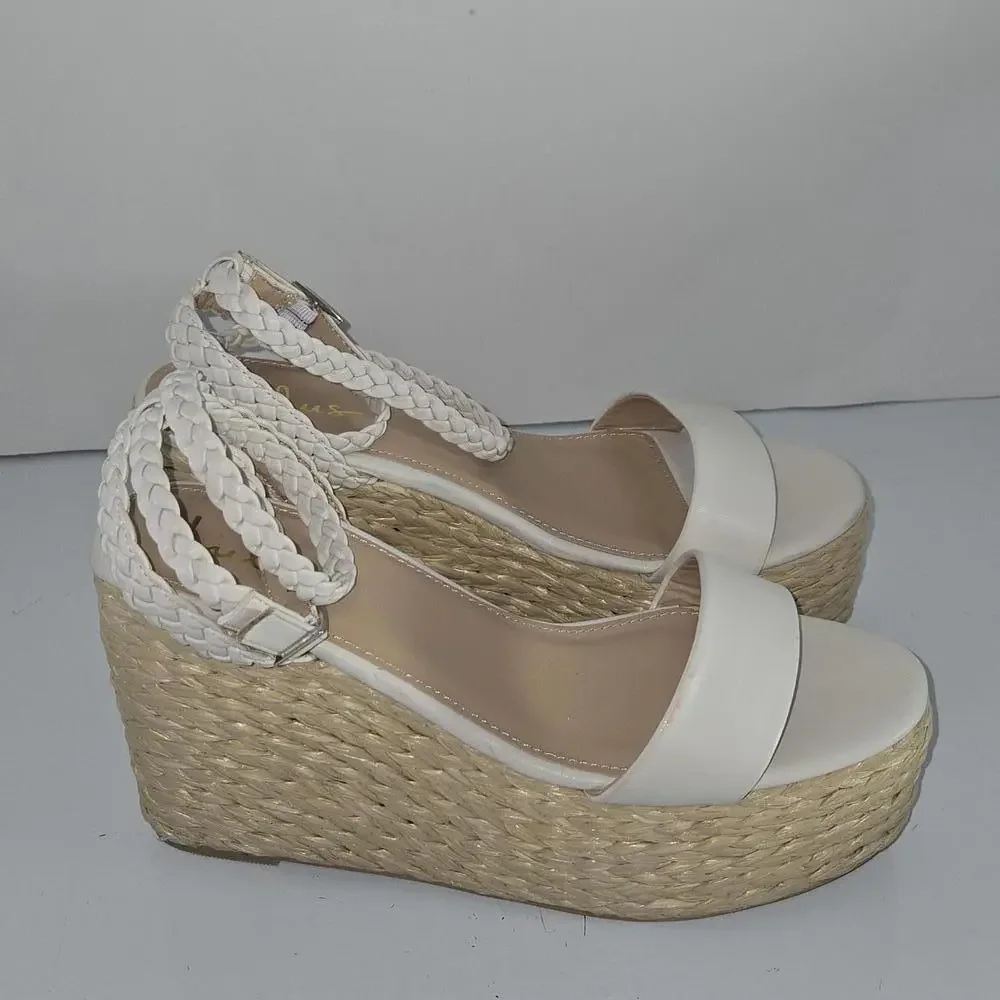 0309 lulus White Platform Ankle Strap Espadrille Wedges Womens‎ size 10